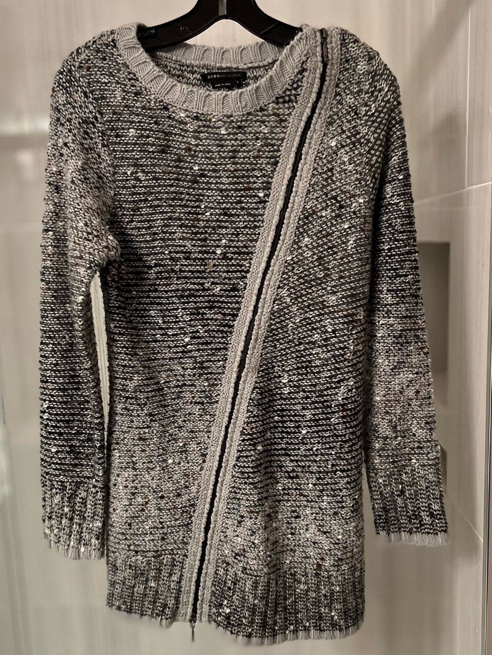 BCBGMAXAZRIA Asymmetric Diagonal Zip Tunic Sweater Dress Alpaca Mohair Gray
